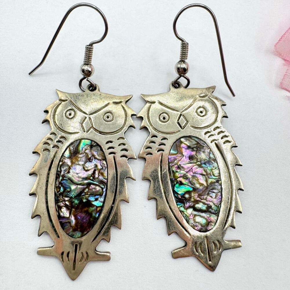 Vintage Owl Alpaca Mexico Abalone Inlay Dangle Earrings Signed Pierced
